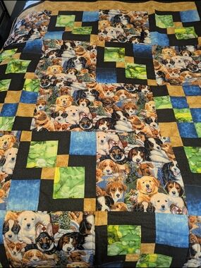 Handmade Patchwork Quilt - Green, Blue, Black, Gold